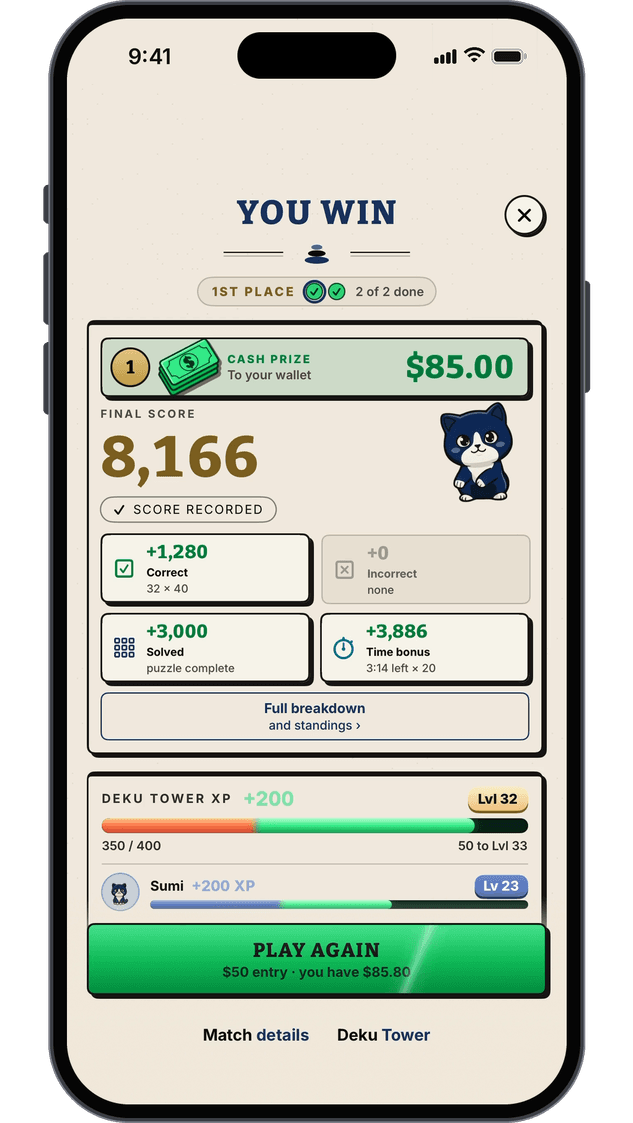 A finished Nines tournament: You Win, 1st place, an $85.00 cash prize to your wallet