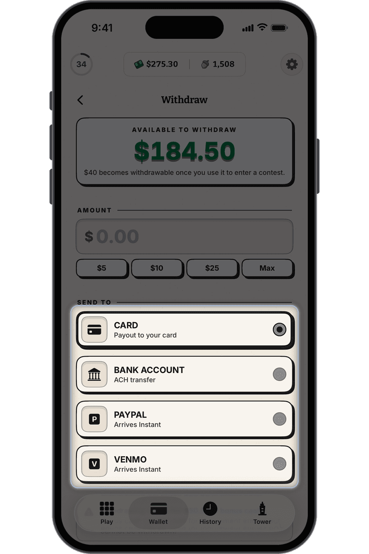 The Nines withdraw screen: card, bank account, PayPal and Venmo payouts